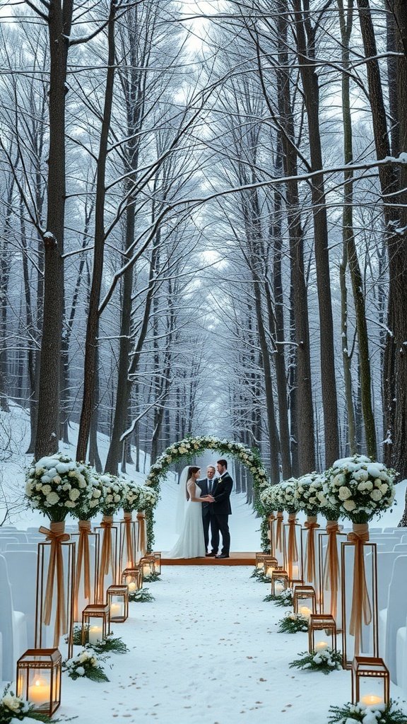 A couple exchanging vows in a snowy forest setting with floral arrangements and lanterns.