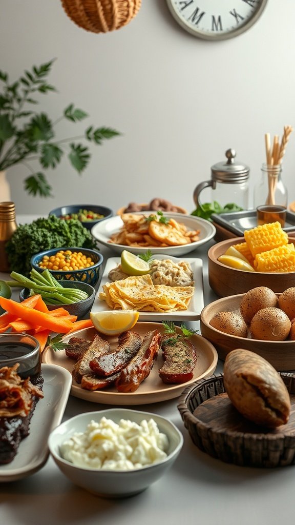 A beautifully arranged grazing table with various foods including meats, vegetables, and cheeses.