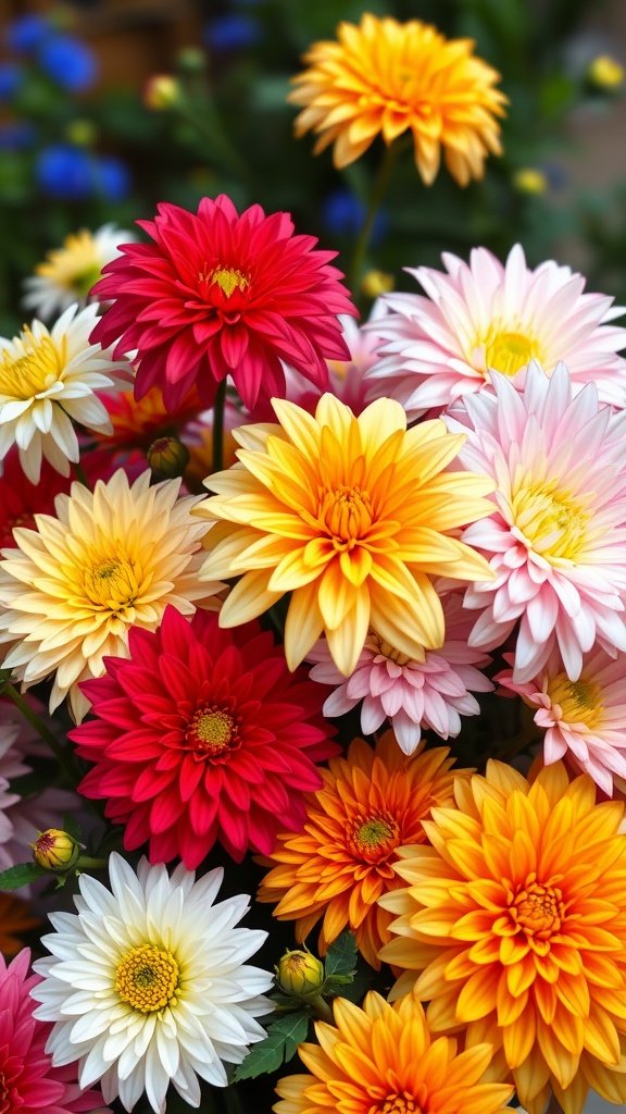 A vibrant assortment of dahlias in various colors including red, yellow, orange, and white, perfect for spring weddings.
