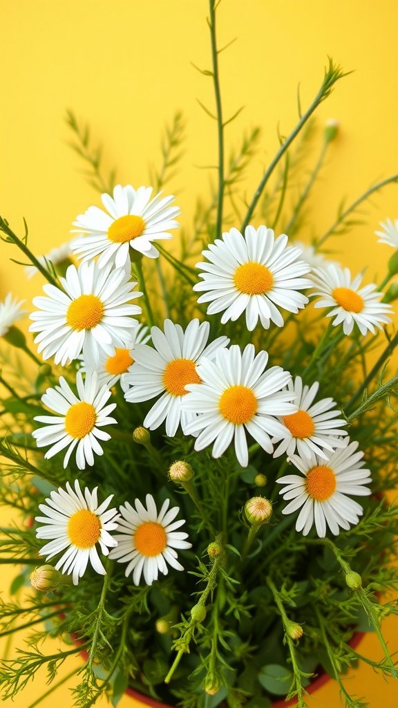 A bouquet of daisies with white petals and yellow centers against a yellow background.