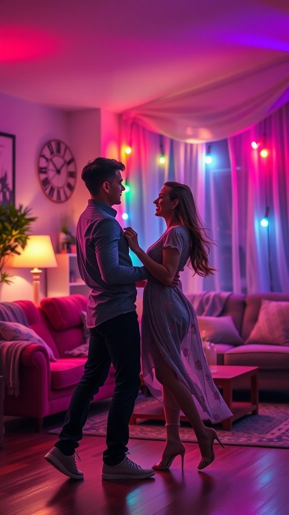 A couple dancing in a colorful, cozy living room with soft lighting. Indoor Date Ideas