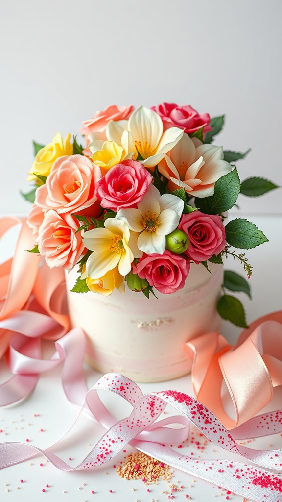 A vibrant cake arranged to look like a bouquet of flowers, adorned with ribbons and sprinkles.