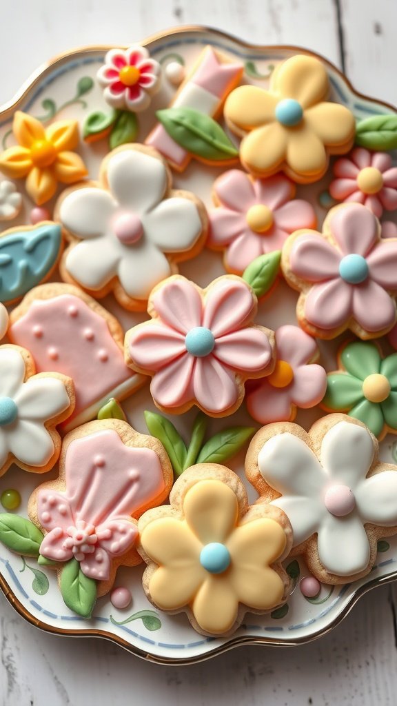 Colorful spring sugar cookies decorated with icing. Easter Tea Party Cookies
