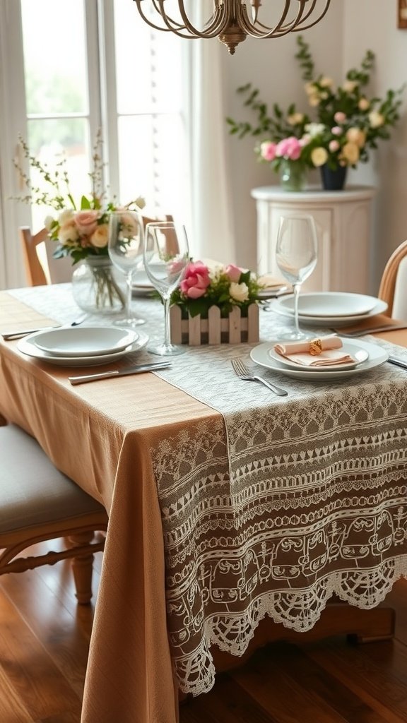 A beautifully set table with a delicate lace runner, floral centerpiece, and elegant tableware.