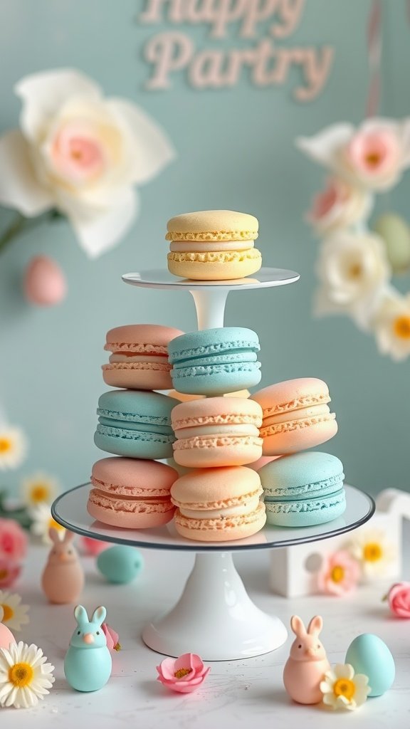 A tiered stand with pastel-colored macarons, surrounded by decorative flowers and Easter-themed items.