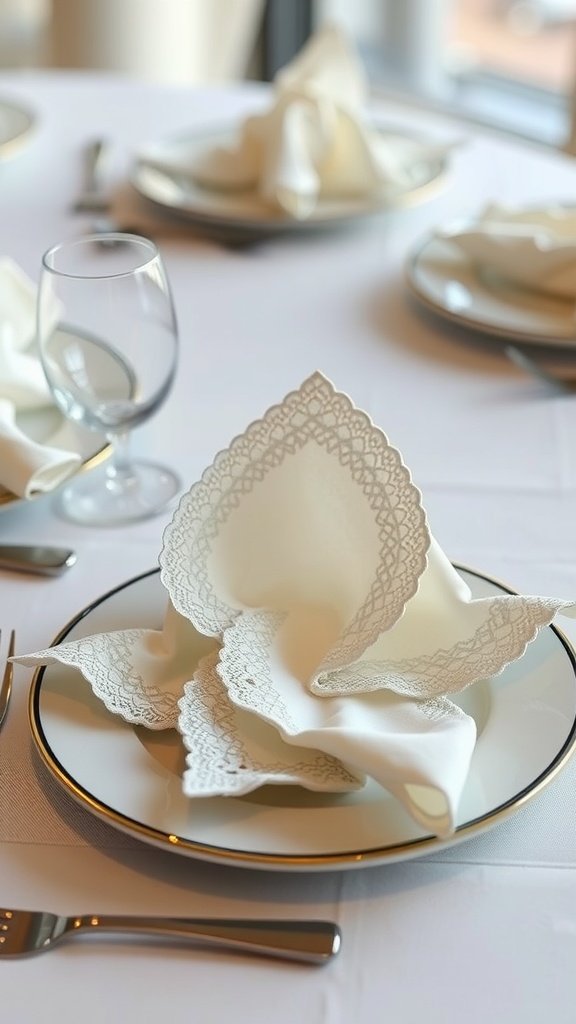 Elegant white napkins with lace trim folded on a plate, part of a romantic table setting.
