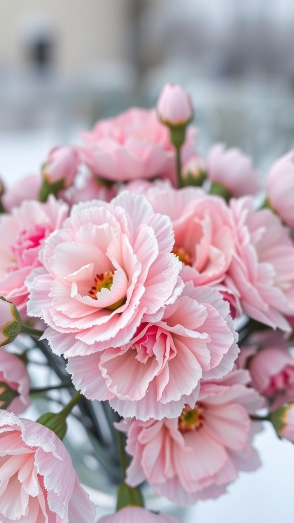 A bouquet of delicate pink winter carnations with frost on the petals, set against a snowy background.