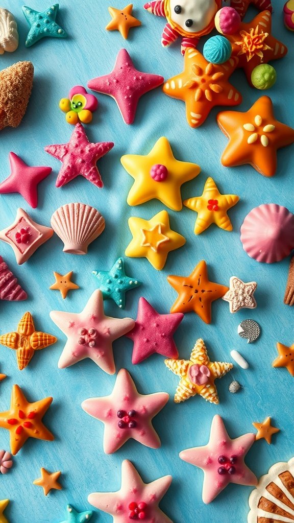 Colorful assortment of mermaid-themed snacks including starfish and seashell shapes.