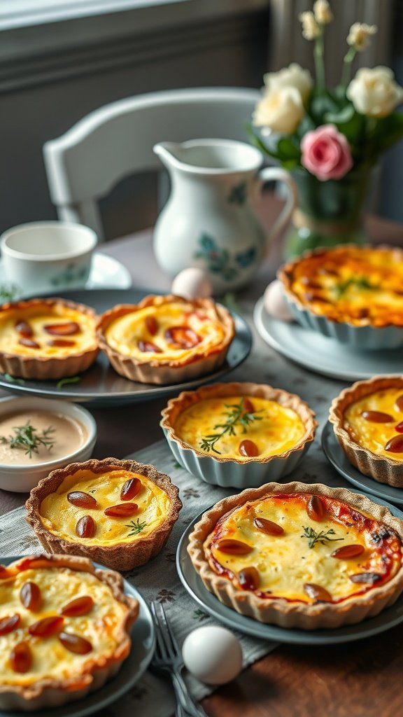 A table set with various quiches and tarts, alongside a pitcher and flowers