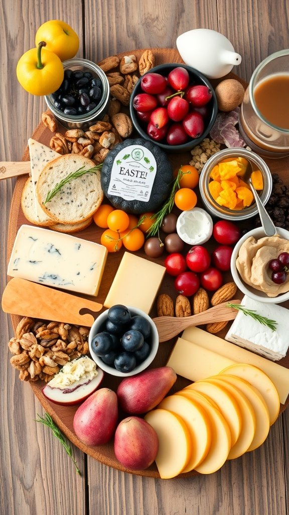A beautifully arranged cheese and charcuterie board featuring various cheeses, fruits, nuts, and spreads.