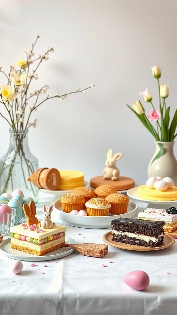 A vibrant dessert display featuring a decorated cake, cupcakes, and colorful Easter eggs.