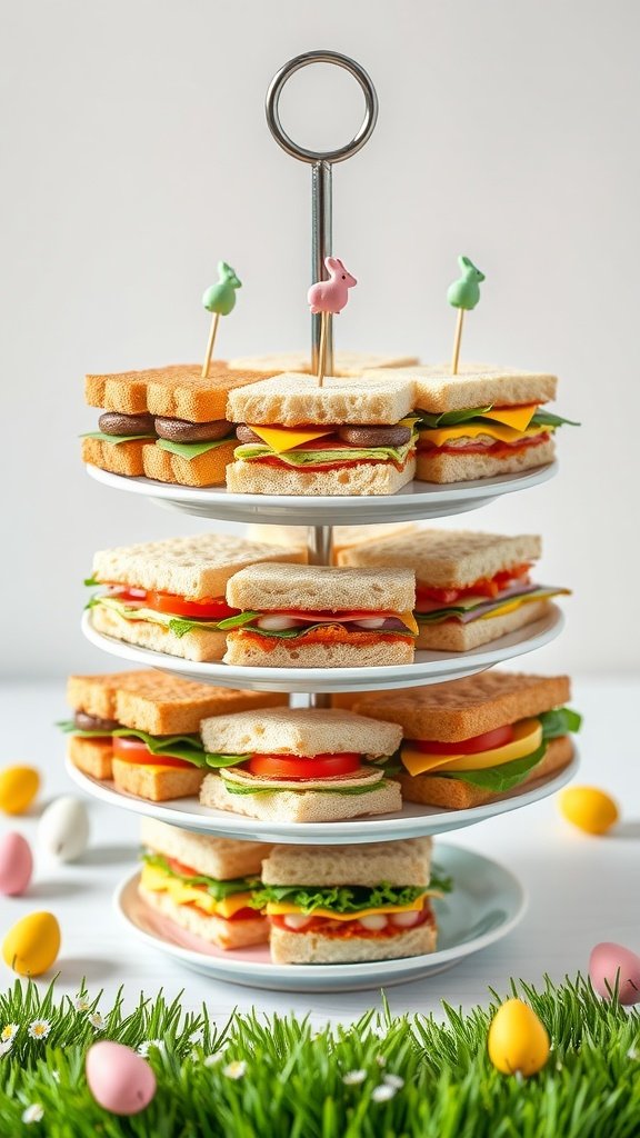 A tiered stand filled with colorful miniature sandwiches, decorated with cute picks and surrounded by Easter eggs.