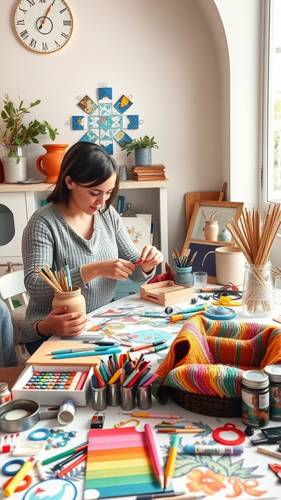 A cozy indoor craft setup with colorful supplies and a person crafting. Indoor Date Ideas