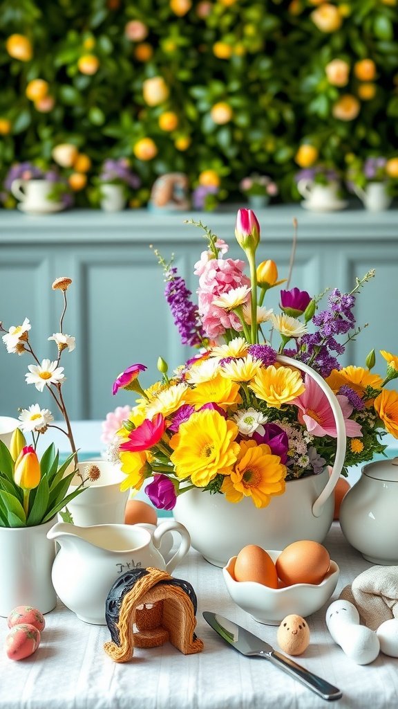 A colorful floral arrangement with yellow, pink, and purple flowers in a white vase, surrounded by Easter-themed decorations.