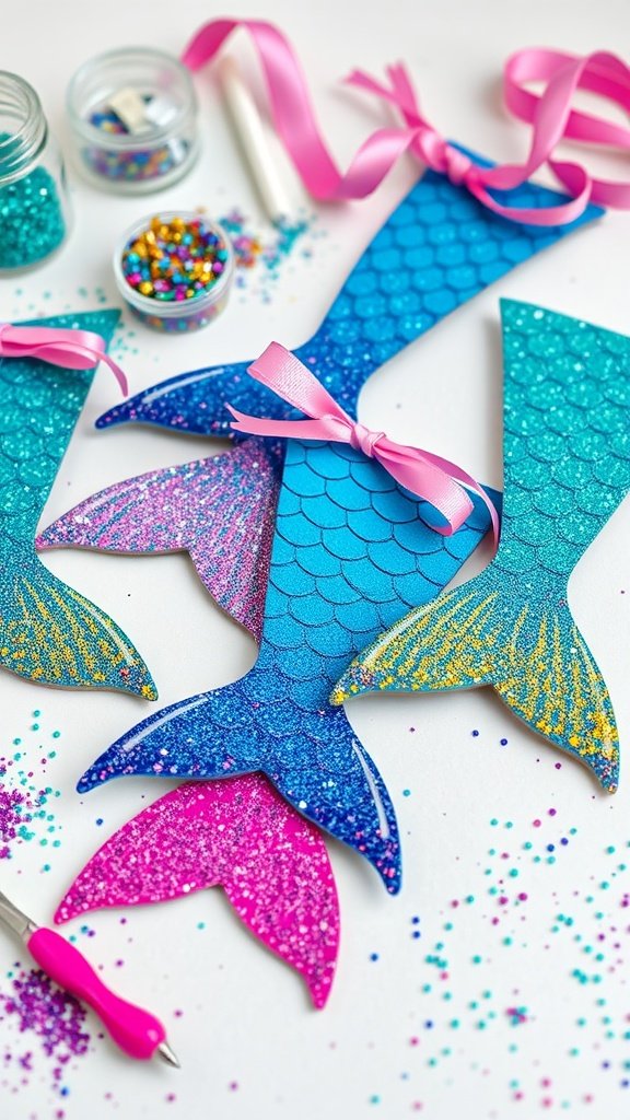 Colorful DIY mermaid tails made of glitter paper with pink ribbons and craft supplies