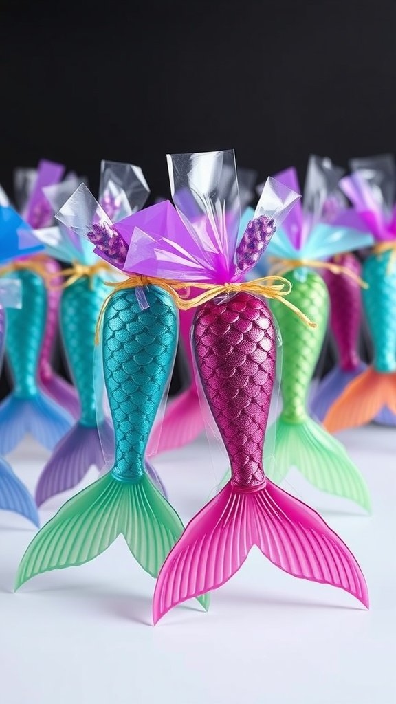 Colorful mermaid tail party favors wrapped in clear plastic and tied with ribbons.
