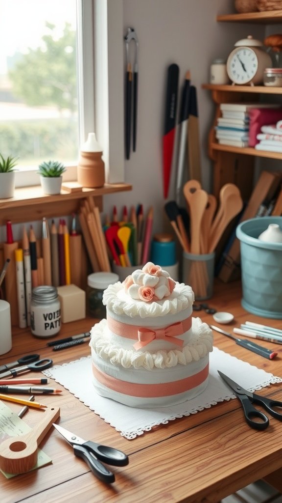 A beautifully crafted mini diaper cake on a wooden table surrounded by crafting tools and supplies.