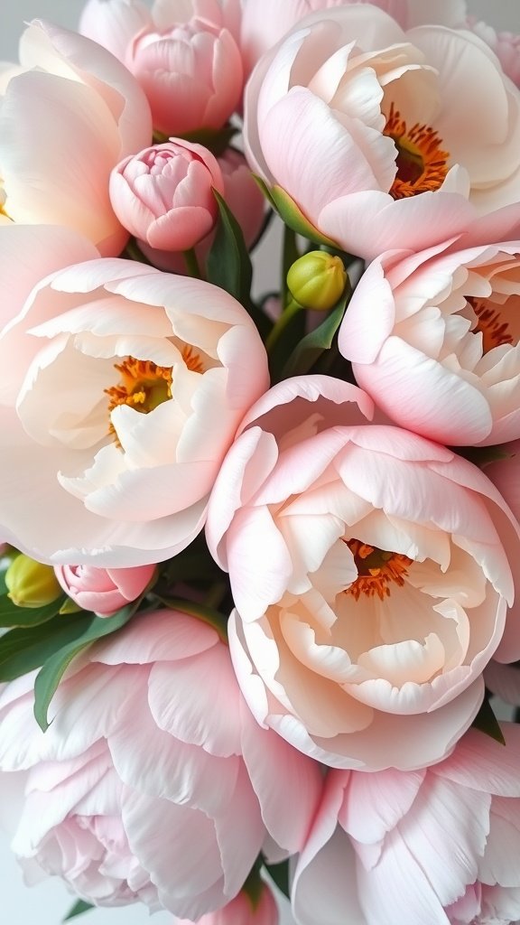 A close-up of a bouquet of soft pink and white peonies.