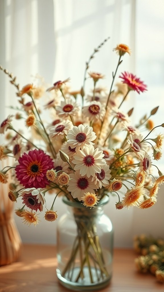 A beautiful arrangement of dried flowers in a glass vase, featuring pink and white petals, creating a vintage charm.
