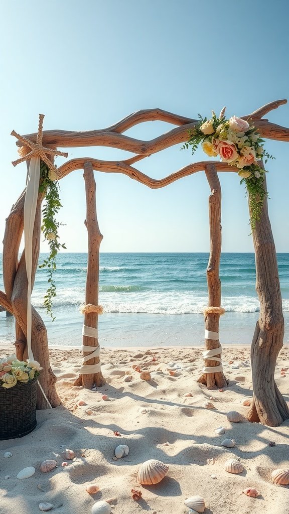 A driftwood wedding arch on a beach, decorated with flowers and ribbons, overlooking the ocean.