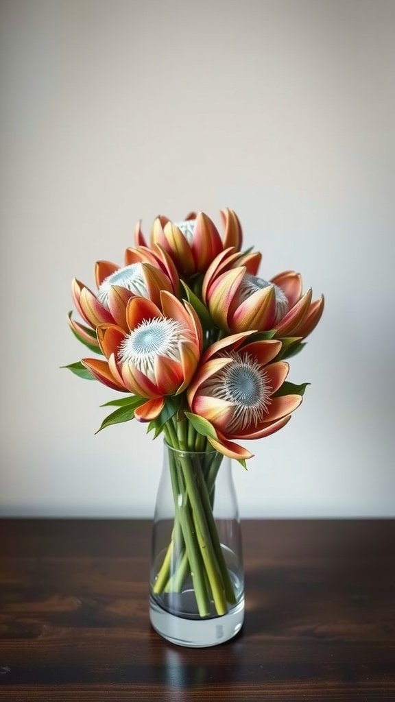 A bouquet of proteas in earthy tones, featuring rich reds and soft oranges, in a clear vase.