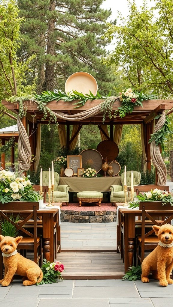 35 Stunning Olive Green Wedding Theme Color Schemes A rustic wedding setup featuring olive green decor with wooden tables, soft florals, and gold accents.