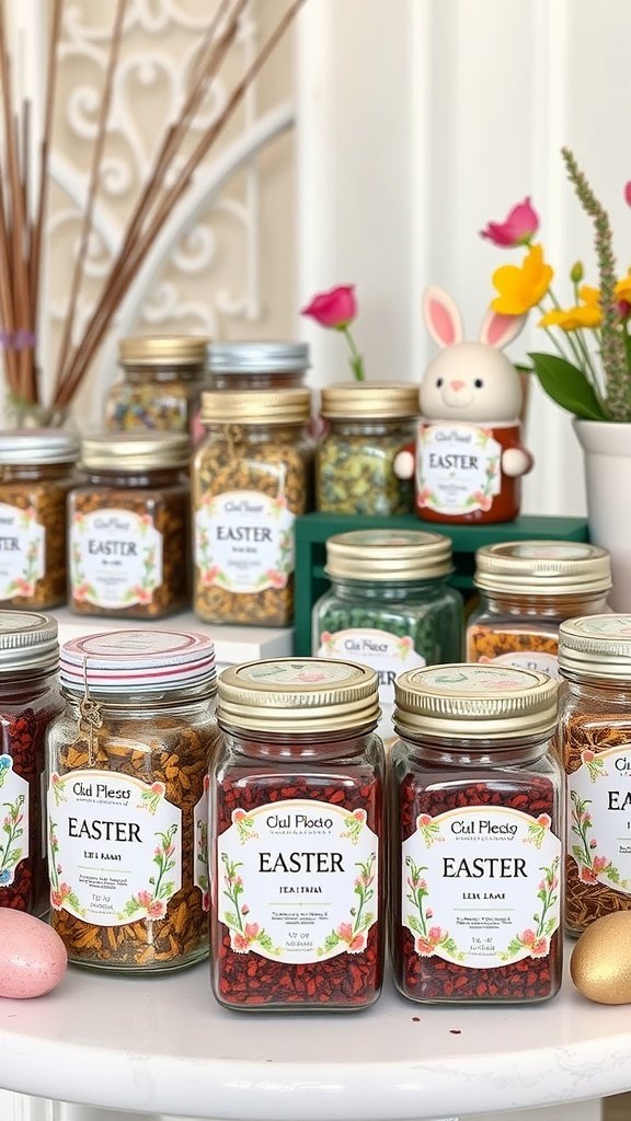 An assortment of colorful tea jars labeled 'Easter' displayed with flowers and decorative items for a tea party.