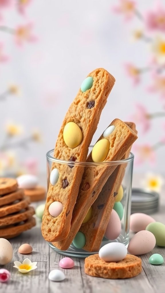 Easter Egg Biscotti with colorful chocolate eggs. Easter Tea Party Cookies