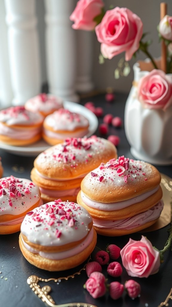 Eclairs filled with rose cream decorated with edible rose petals and pink sprinkles.