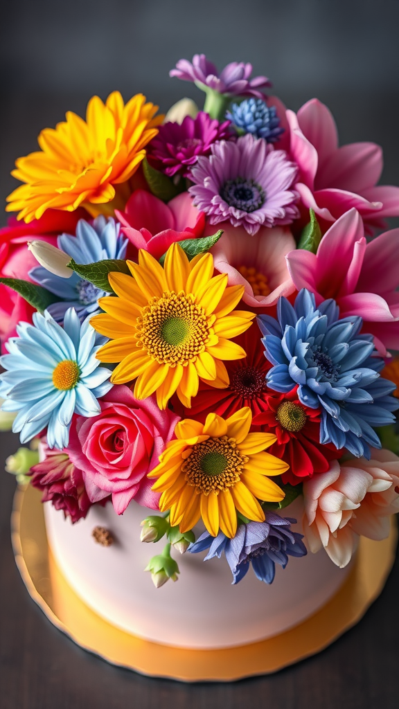 A beautifully decorated cake with colorful edible flowers arranged like a bouquet.