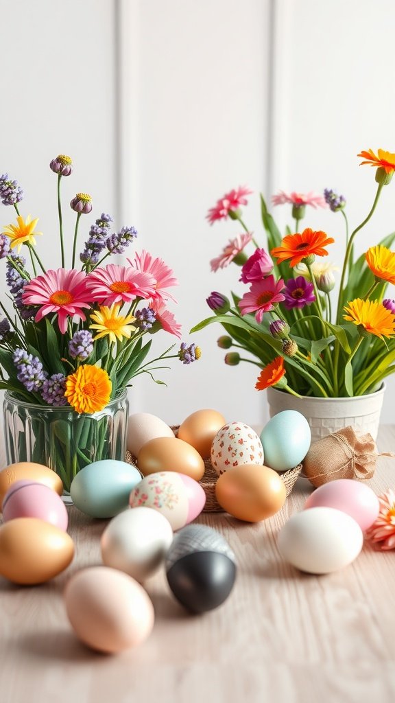 Decorated Easter eggs and colorful flowers on a table