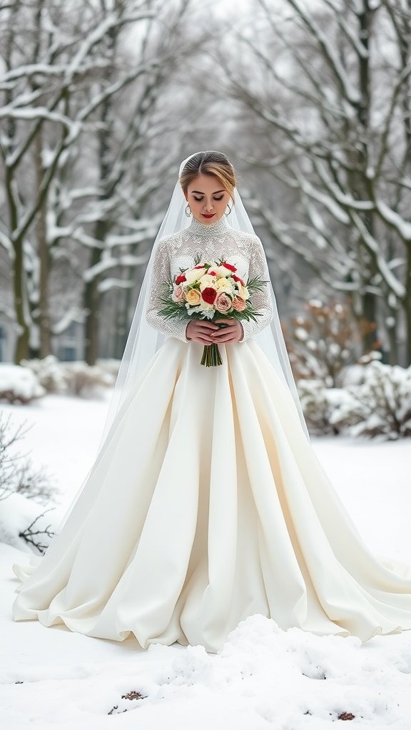 Bride wearing a long white dress with lace and a veil, holding a bouquet in a snowy landscape