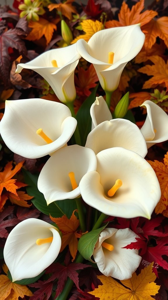 An arrangement of white calla lilies surrounded by colorful fall leaves.