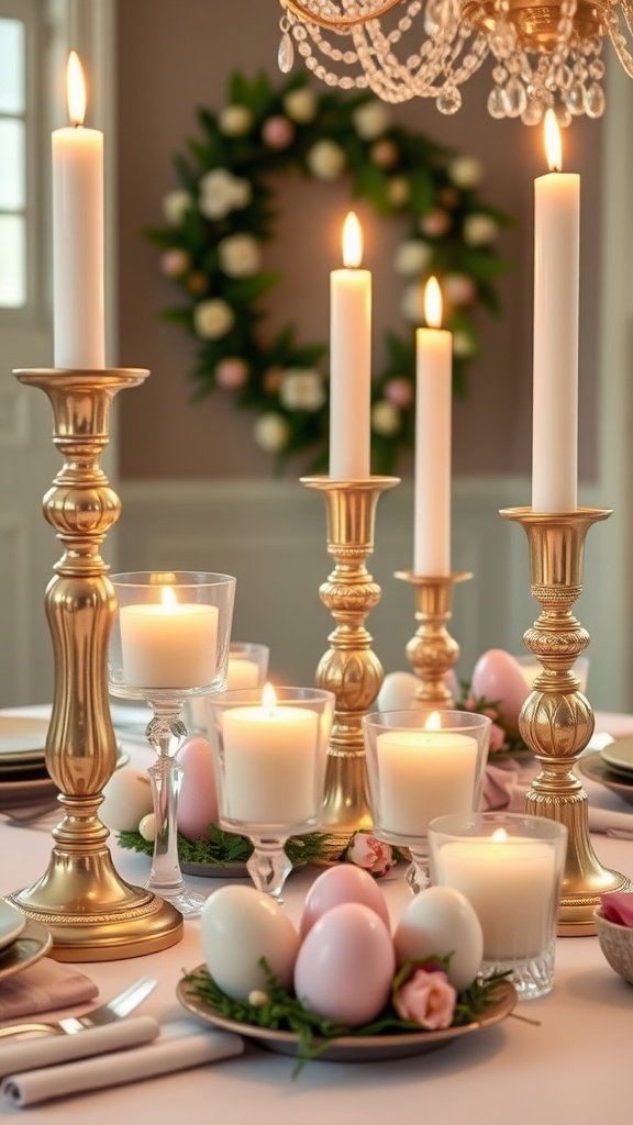 Elegant Easter tablescape featuring golden candlesticks, votives, and decorative eggs.