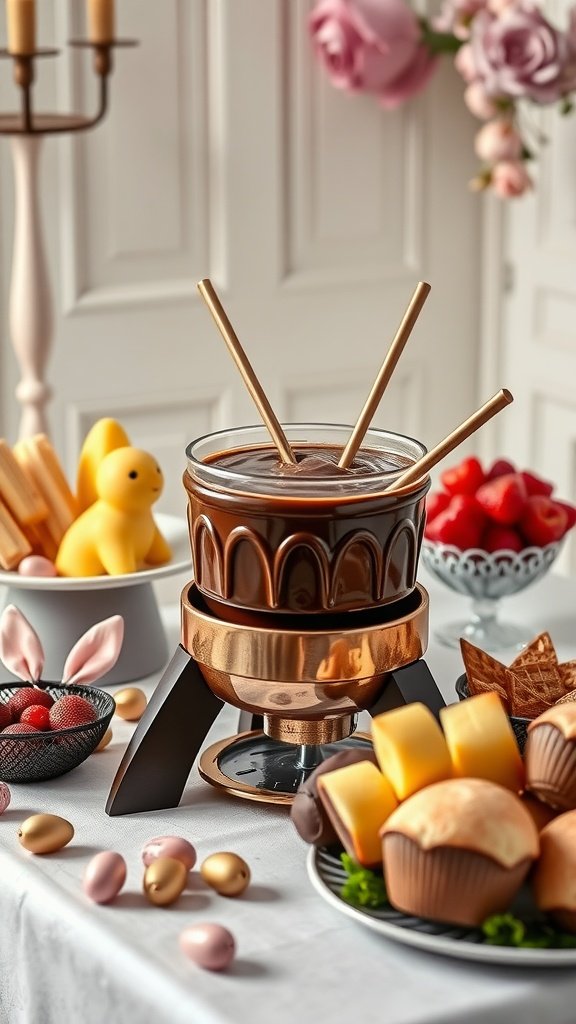 A charming chocolate fondue station featuring a pot of melted chocolate surrounded by fresh fruits, cookies, and decorative Easter treats.