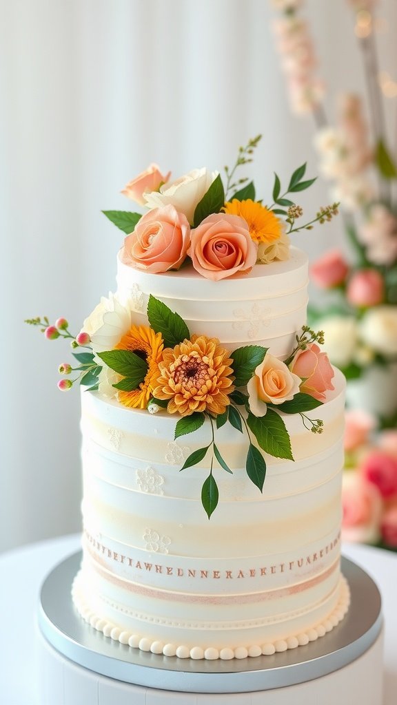 A beautifully decorated wedding cake with floral toppers including roses and marigolds