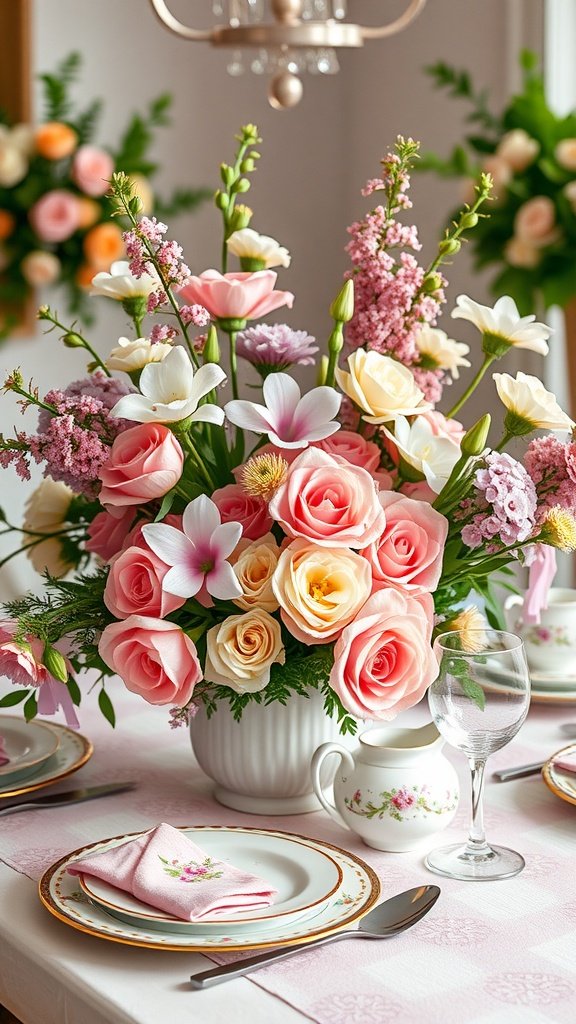 A floral centerpiece featuring pink roses, white lilies, and other colorful flowers, arranged in a white vase on a beautifully set table.