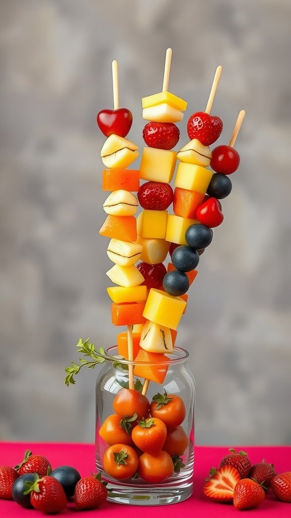 Colorful fruit skewers featuring strawberries, blueberries, and melons arranged in a jar with some strawberries beside it.