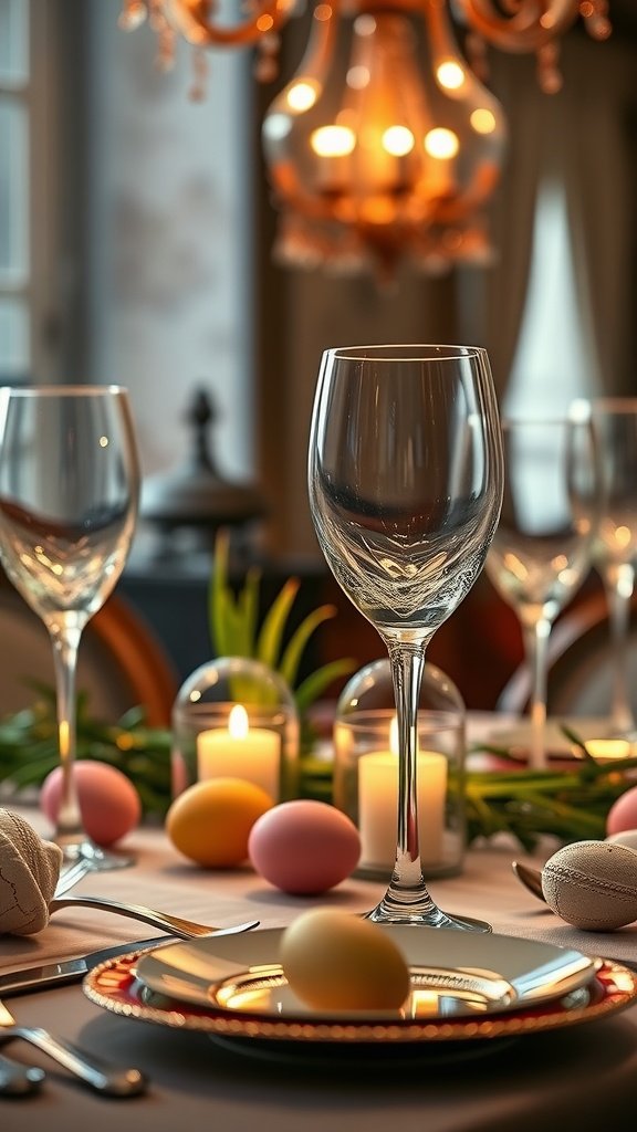 A beautifully set table featuring elegant glassware, candles, and colorful Easter eggs.