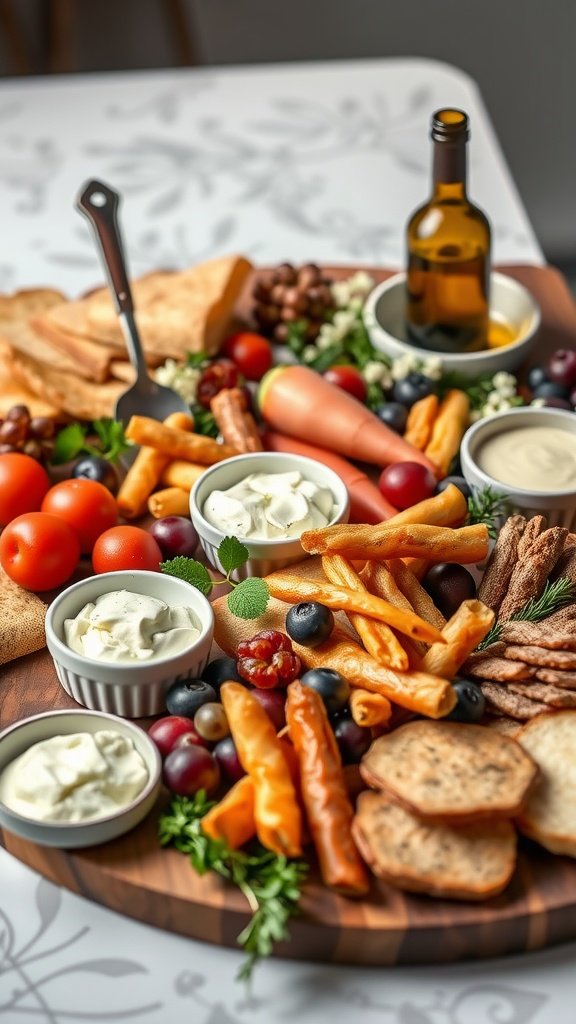 A beautifully arranged grazing table with an assortment of cheeses, meats, veggies, and elegant serving utensils.