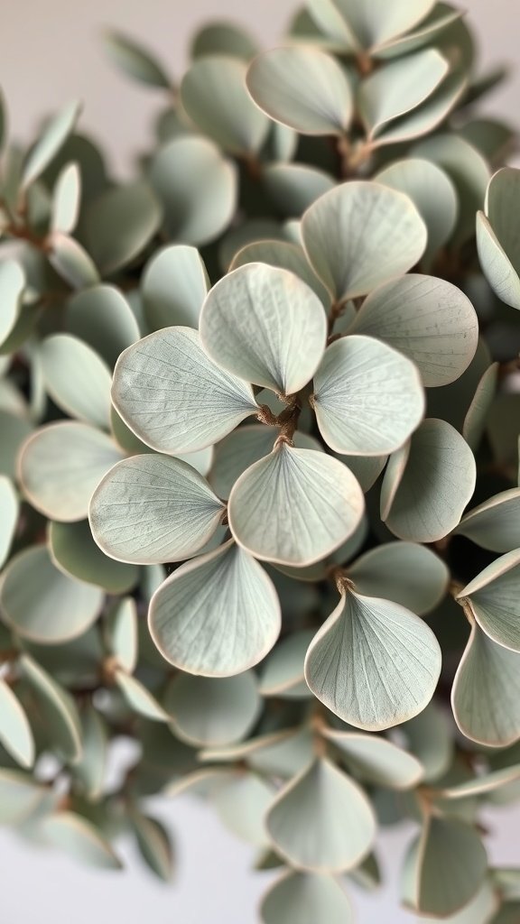 Close-up of Silver Dollar Eucalyptus leaves, showcasing their round shape and soft green color.