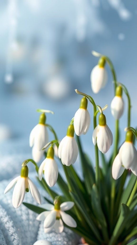 A close-up of snowdrops, featuring white flowers with green accents, set against a soft blue background.