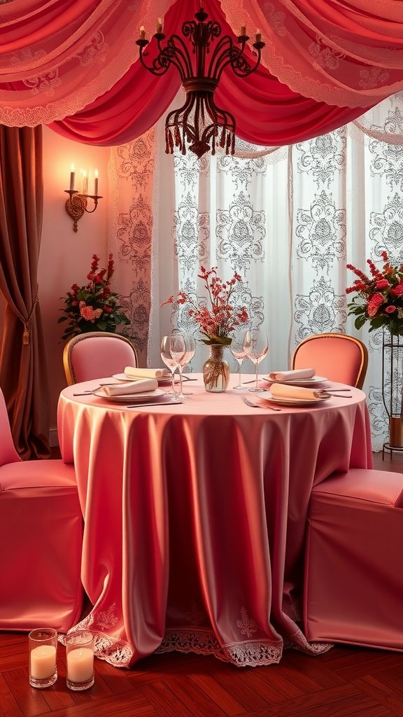 A beautifully set Valentine's dinner table with pink satin linens, elegant glassware, and a floral centerpiece. Valentines Table Decor
