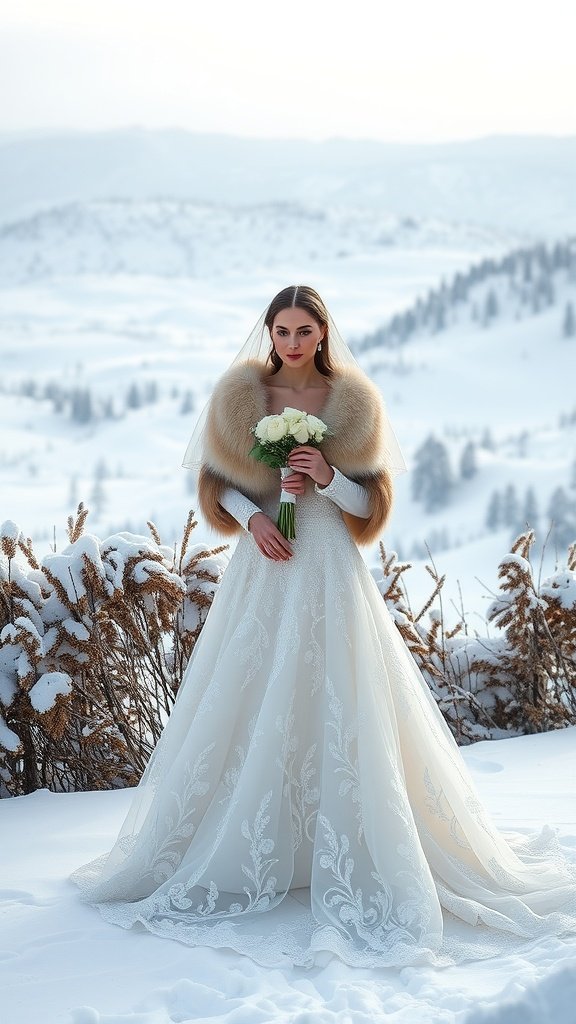 A bride in a beautiful embroidered wedding gown and fur wrap, holding a bouquet of white roses in a snowy landscape.