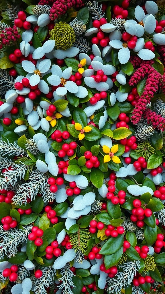 A vibrant winter flowers bouquet featuring red berries, blue-green leaves, and yellow flowers