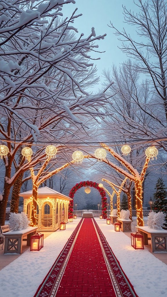 A beautifully decorated winter wedding venue with a red carpet, snow-covered trees, and glowing lights.