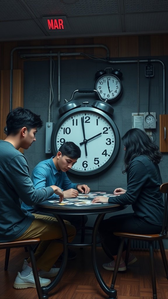 A group of friends engaged in an escape room puzzle, focused on a table with clues and a large clock in the background. Double Date Ideas