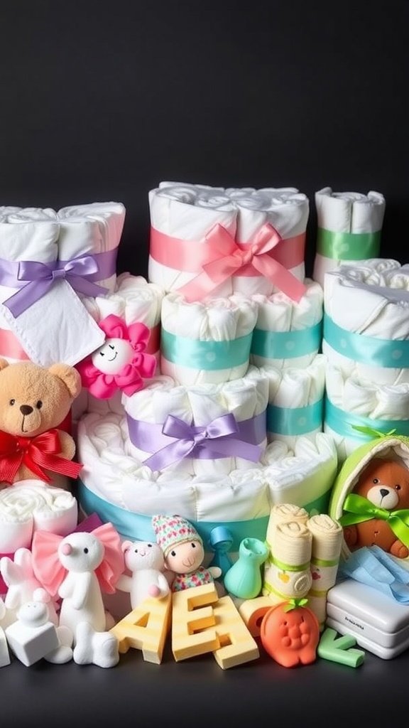 Colorful mini diaper cakes made from rolled diapers, adorned with ribbons and stuffed animals.