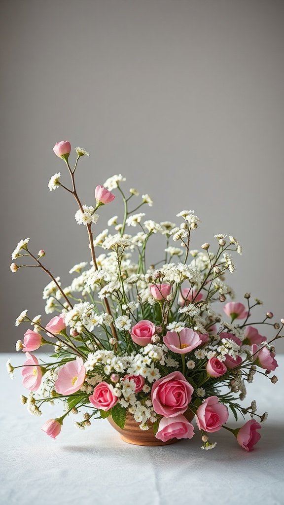 A beautiful floral centerpiece featuring pink roses and baby’s breath, showcasing different heights in floral arrangement.