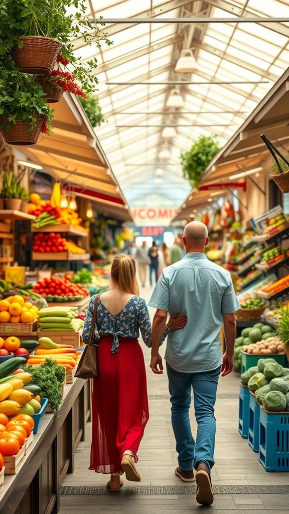 A couple walking through a vibrant farmers' market filled with fresh fruits and vegetables.